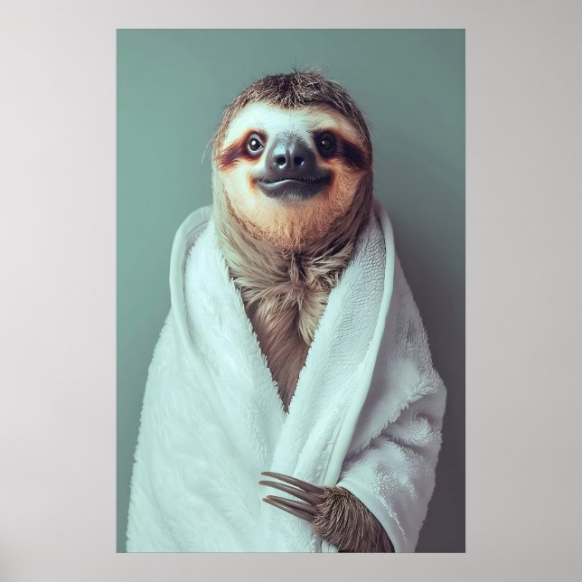 Sloth in Bathrobe Art Print, Funny Bathroom Poster (Front)