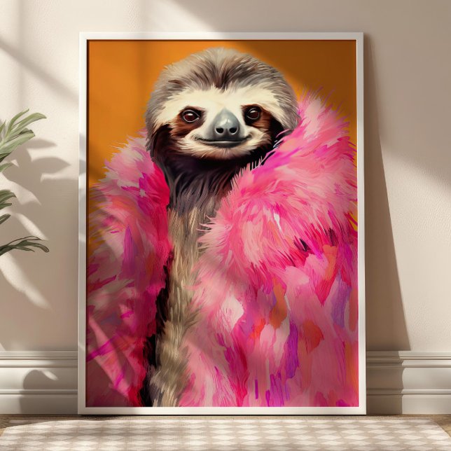 Sloth in Pink Fur Funky Animal Fashion Art  Poster (Creator Uploaded)