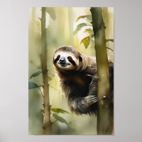 Sloth in the forest watercolor painting poster