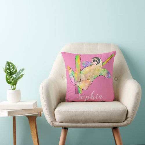 Sloth in Tree Watercolor Pink Throw Pillow