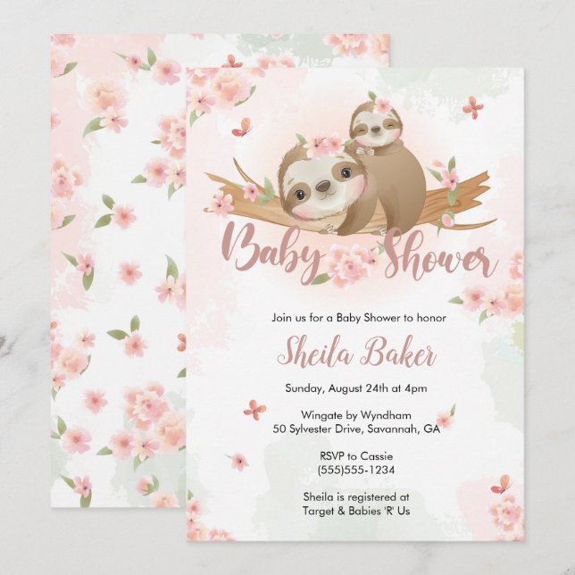 Sloth Invitation, Sloth Baby Shower Invitation (Front/Back)