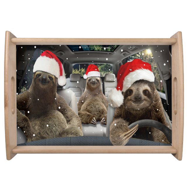 Sloth Is Driving Car Christmas Snow Xmas Season Serving Tray (Front)