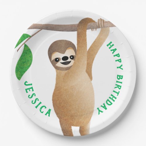 Sloth Kids Happy Birthday Party Cake Custom Text Paper Plates