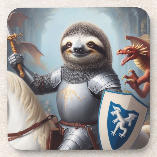 Sloth Knight Fighting Dragons Beverage Coaster (Front)