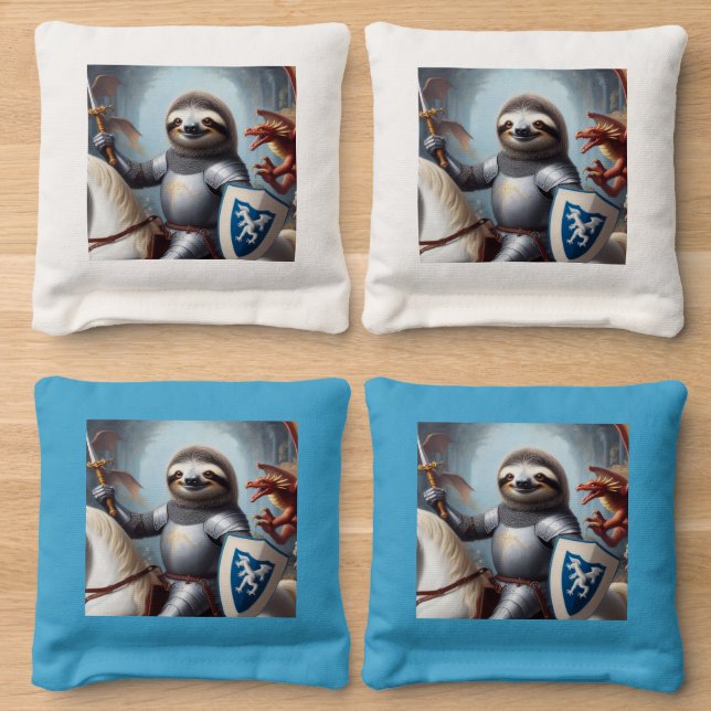 Sloth Knight Fighting Dragons Cornhole Bags (Wood)