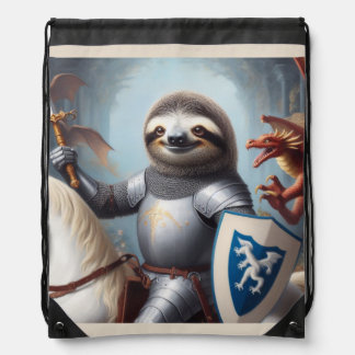 Sloth Knight Fighting Dragons Drawstring Bag