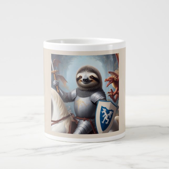 Sloth Knight Fighting Dragons Giant Coffee Mug (Front)