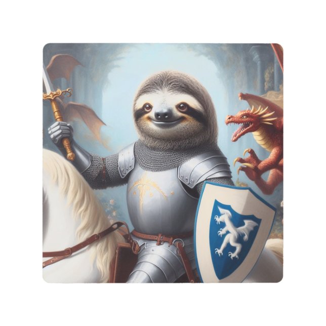 Sloth Knight Fighting Dragons Metal Print (Front)