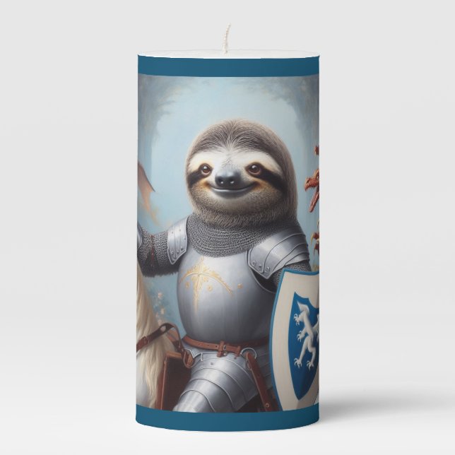Sloth Knight Fighting Dragons Pillar Candle (Front)