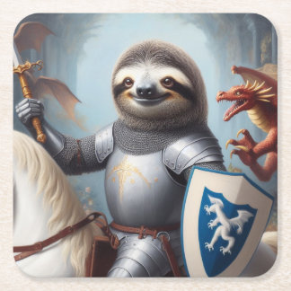 Sloth Knight Fighting Dragons Square Paper Coaster