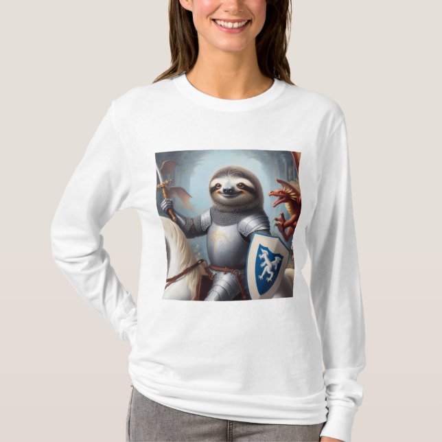 Sloth Knight Fighting Dragons T-Shirt (Front)