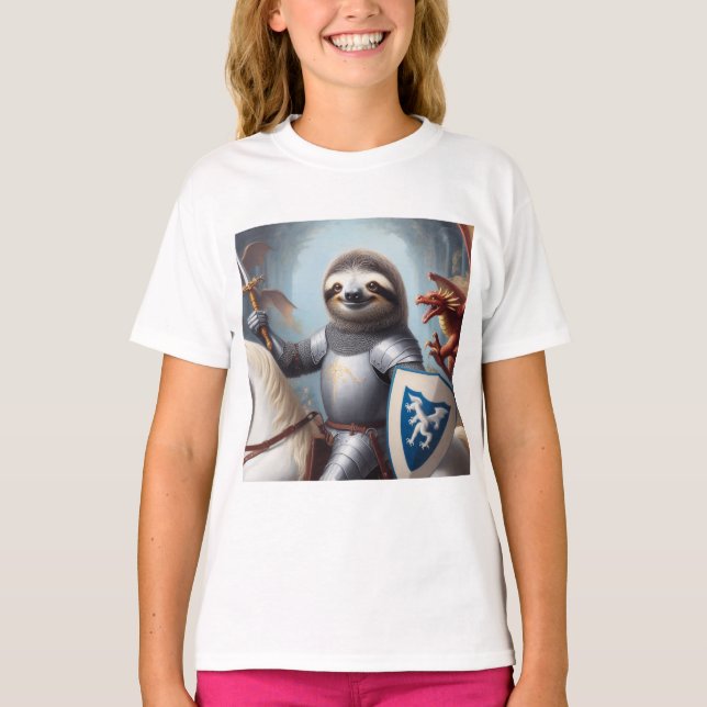 Sloth Knight Fighting Dragons T-Shirt (Front)