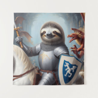 Sloth Knight Fighting Dragons Tapestry
