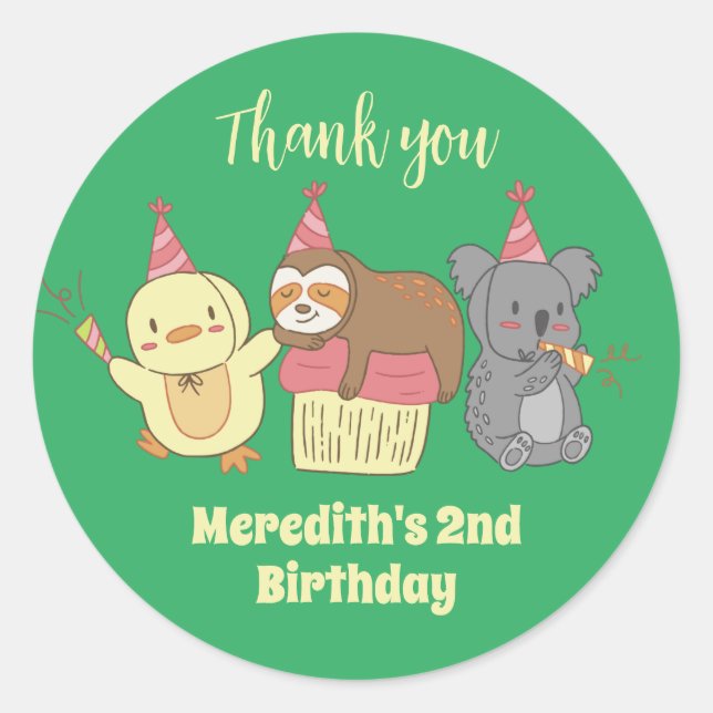 Sloth Koala Duck Party Animal Kids Birthday Party Classic Round Sticker (Front)