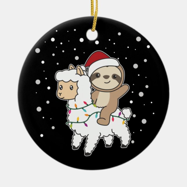 Sloth Lama Christmas Snow Winter Animals Ceramic O Ornament (Front)