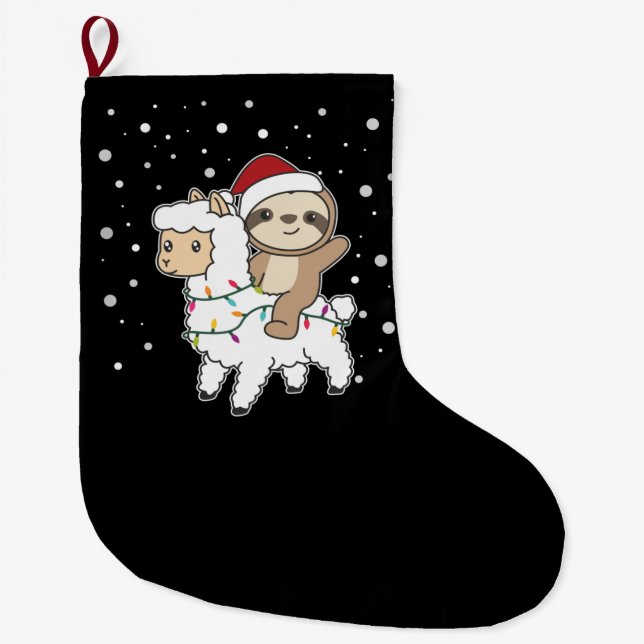 Sloth Lama Christmas Snow Winter Animals Large Christmas Stocking (Front)