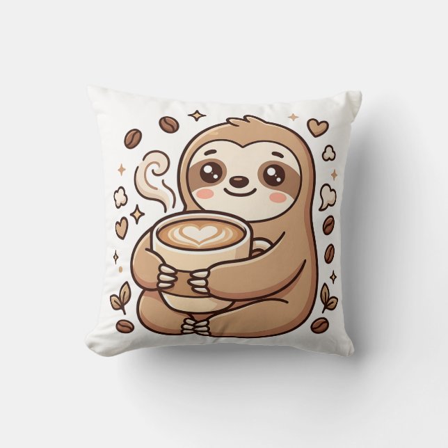 Sloth Latte Throw Pillow (Front)
