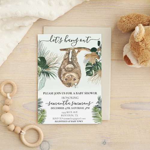 Sloth Lets Hang Out Baby Shower Watercolor Leaves Invitation
