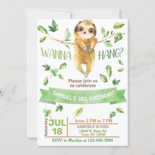 Sloth lets hang out boy invitation invitation