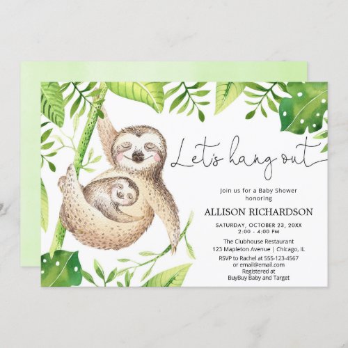 Sloth Lets Hang Out gender neutral baby shower Invitation