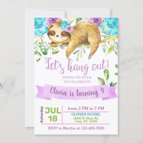 Sloth lets hang out girl invitation purple invitation