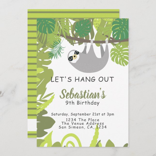 Sloth Lets Hang Out Personalized Birthday Party Invitation (Front/Back)