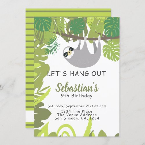 Sloth Lets Hang Out Personalized Birthday Party Invitation