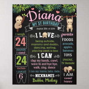 Sloth Let's Hang Zoo First Birthday chalkboard Poster