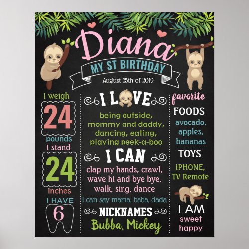 Sloth Lets Hang Zoo First Birthday chalkboard Poster