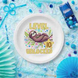 Sloth Level Unlocked Birthday Gamer Design Paper Plates