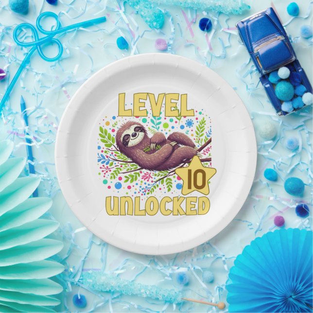 Sloth Level Unlocked Birthday Gamer Design Paper Plates (Party)