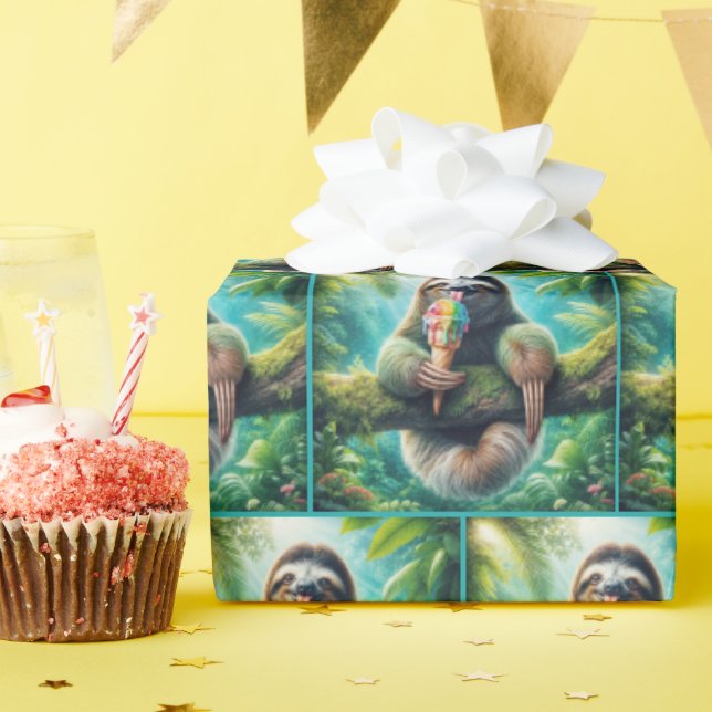 Sloth Licking a Rainbow Ice Cream Cone Wrapping Paper (Birthday Party)