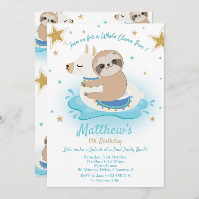 Sloth Llama Pool Party Birthday Invitation Boys (Front/Back)