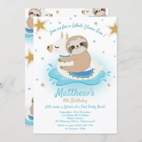 Sloth Llama Pool Party Birthday Invitation Boys