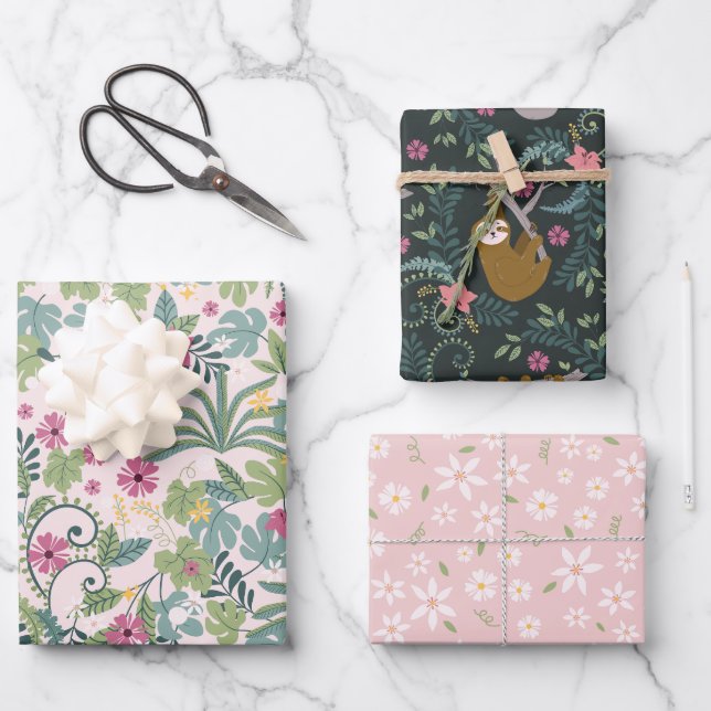 Sloth Love Jungle Flowers Wrapping Paper Sheets (Front)