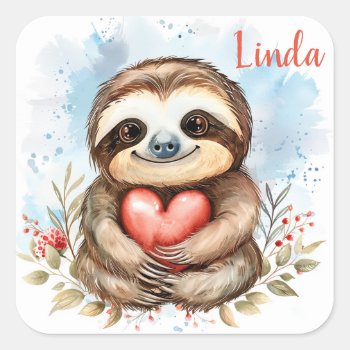 Sloth Love Personalize  Square Sticker by RenderlyYours at Zazzle