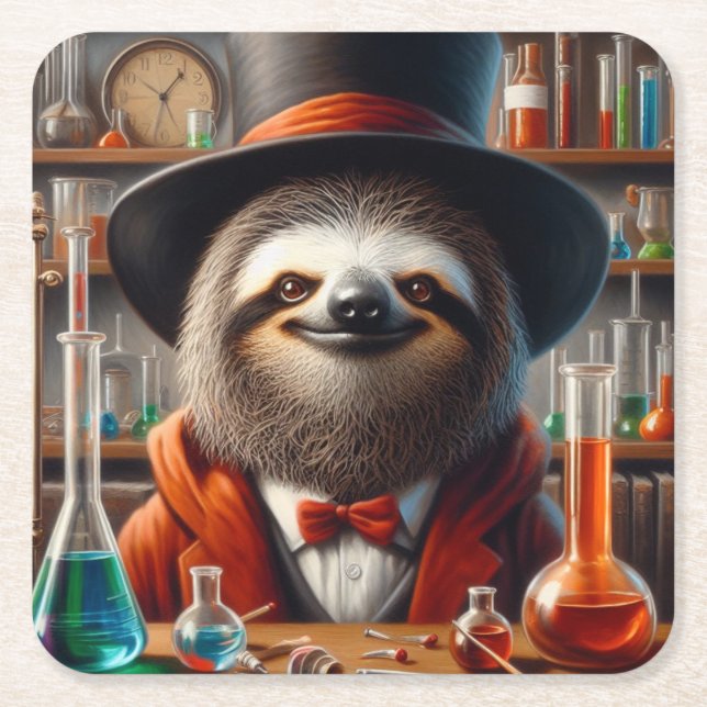 Sloth Mad Scientist Square Paper Coaster (Front)