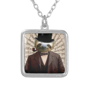 Sloth Man Victorian Steampunk Anthropomorphic Silver Plated Necklace