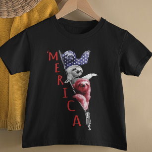 Sloth Merica Sloth In Zipper Graphic American Flag T-Shirt