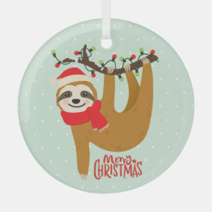 Sloth Merry Christmas Cute Festive Holiday Animal Glass Ornament