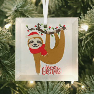 Sloth Merry Christmas Cute Festive Holiday Animal Glass Ornament