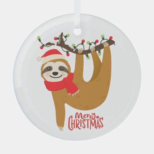 Sloth Merry Christmas Cute Festive Holiday Animal Glass Ornament