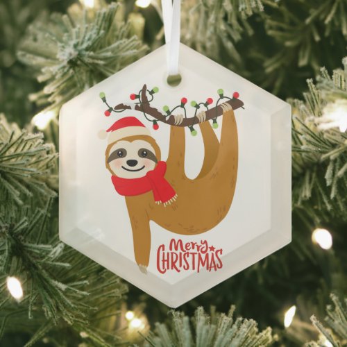 Sloth Merry Christmas Cute Festive Holiday Animal Glass Ornament