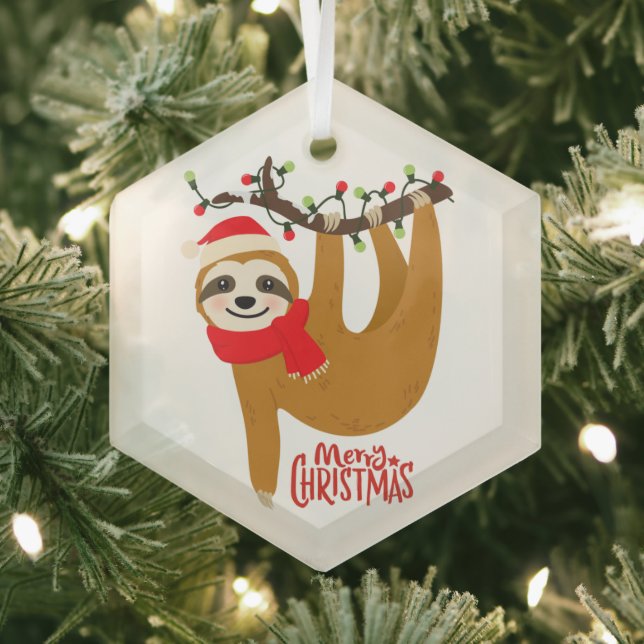 Sloth Merry Christmas Cute Festive Holiday Animal Glass Ornament (Insitu)