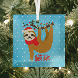 Sloth Merry Christmas Cute Festive Holiday Animal Glass Ornament