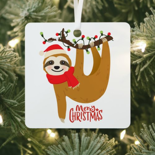 Sloth Merry Christmas Cute Festive Holiday Animal Metal Ornament