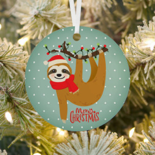 Sloth Merry Christmas Cute Festive Holiday Animal Metal Ornament