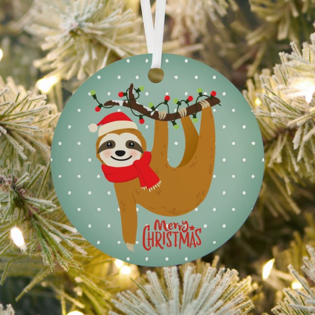 Sloth Merry Christmas Cute Festive Holiday Animal Metal Ornament (Insitu)