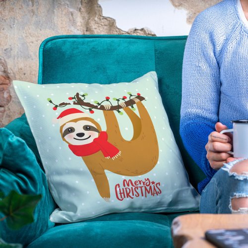 Sloth Merry Christmas Cute Festive Holiday Animal Throw Pillow