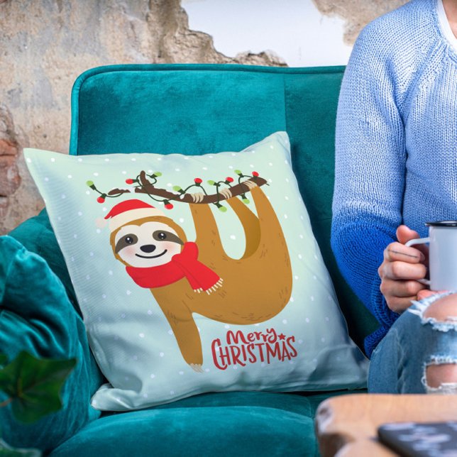 Sloth Merry Christmas Cute Festive Holiday Animal Throw Pillow (Creator Uploaded)